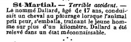 Terrible accident de cheval du nommé Dallard âgé de 17 ans